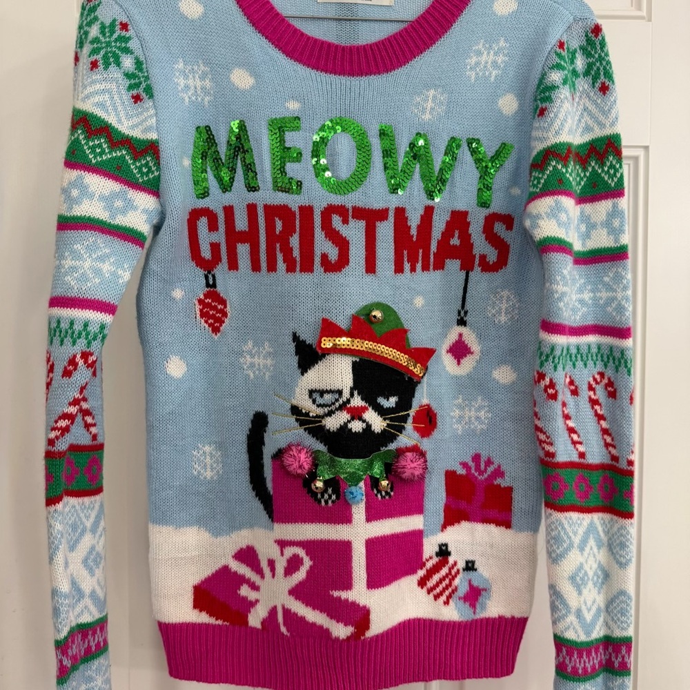 Festive Cat Christmas Sweater - Blue and Pink